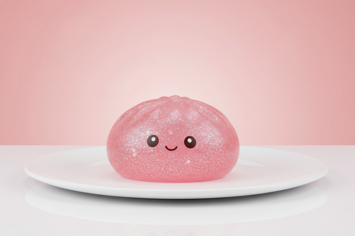 A close-up of a glittery, dumpling-shaped squishy toy on a white surface with a soft pink and rose background.